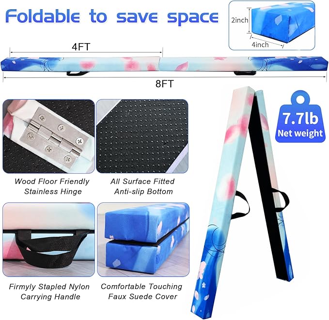 8FT Folding Balance Beam -Gymnastics Floor Beam -Gymnastics Equipment for Kids,Wood core- Anti-Slip Bottom and Carrying Bag for Home