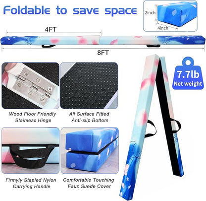 8FT Folding Balance Beam -Gymnastics Floor Beam -Gymnastics Equipment for Kids,Wood core- Anti-Slip Bottom and Carrying Bag for Home