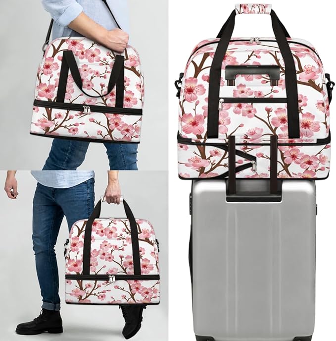 Foldable Travel Duffel Bag for Women, Overnight Weekender Bag Cherry Blossom Floral Carry on Duffel Bag Luggage Sports Gym Tote Bag with Shoes Compartment, Water Rresistant Shoulder Bag