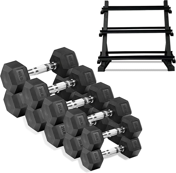 Rubber Hex Dumbbells with Storage Rack 350/450/550 LBS - Free Dumbbell Weight Set for Home Gym Equipment Exercise & Fitness Dumbbells for Strength Training