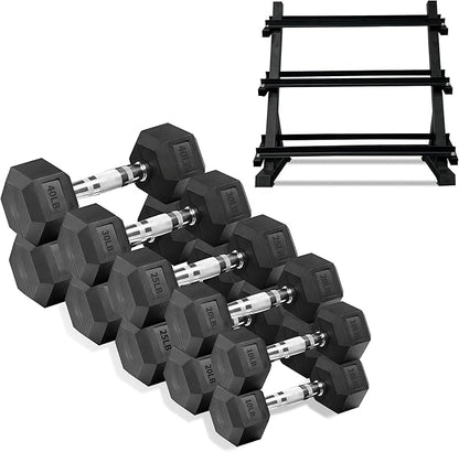 Rubber Hex Dumbbells with Storage Rack 350/450/550 LBS - Free Dumbbell Weight Set for Home Gym Equipment Exercise & Fitness Dumbbells for Strength Training