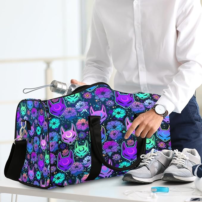 Travel Duffel Bag Flower Purple Fox Sport Tote Gym Bag Waterproof Foldable Carryon Weekend Overnight Training Handbag Sports Duffle Bags for Women Men Boys Girls