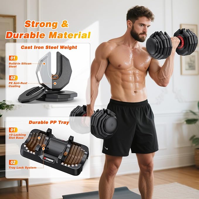 XDDIAS Adjustable Dumbbell Set of 2, 25/55/80/90LB Dumbbell Set- 1-Hand Fast Adjustment with Anti-Slip Handle, Compact Free Weights Dumbbells Set for Men/Women Home Gym Strength Training Equipment