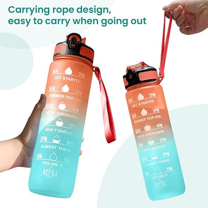 32 oz Water Bottles with Times to Drink and Straw, Motivational Water Bottle with Time Marker, Leakproof & BPA Free, Drinking Sports Water Bottle WIth Hand Strap for Fitness, Gym & Outdoor (orange)