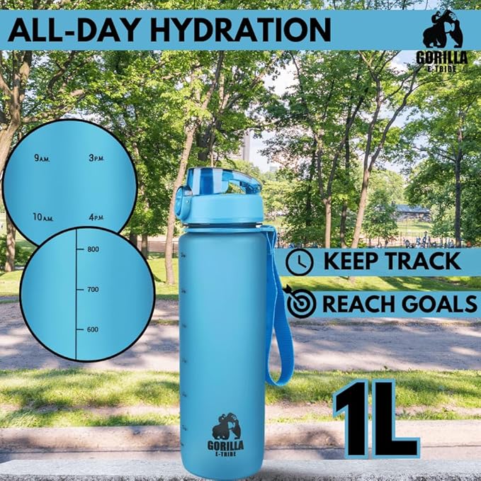 Blue Water Bottle Time Marker (32oz) - Daily Intake Tracking - BPA Free & Leak Proof Protein Shake Bottle - Ideal for Gym, Office, School & Hiking