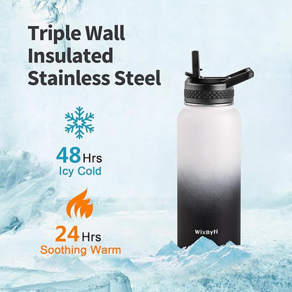 32 oz Insulated Water Bottle with Straw, Stainless Steel Triple Wall Vacuum Sports Water Jug, Leakproof Hydro Cup Flask with Paracord Handle & Straw Spout Lids & DIY Stickers