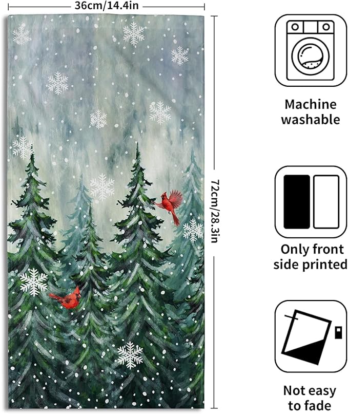 Winter Watercolor Tree Hand Towels for Bathroom 2 Packs Christmas Dark Green Pine Trees Kitchen Towels Misty Forest Cardinal Holiday Super Soft Fast Drying Washcloths for Home Hotel Gym
