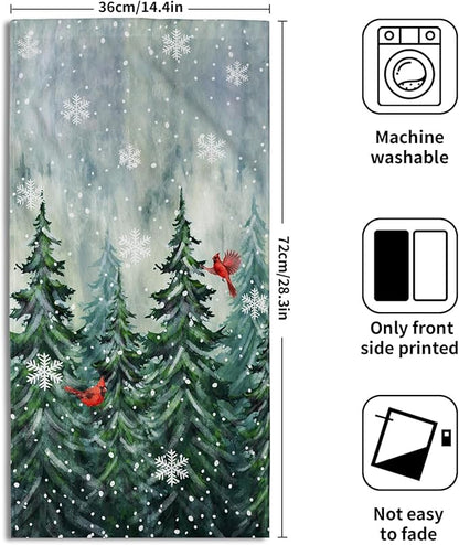 Winter Watercolor Tree Hand Towels for Bathroom 2 Packs Christmas Dark Green Pine Trees Kitchen Towels Misty Forest Cardinal Holiday Super Soft Fast Drying Washcloths for Home Hotel Gym