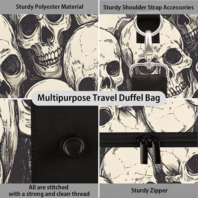 Travel Duffel Bag Gothic Vintage Skull Waterproof Sport Gym Bag Foldable Travel Bag Overnight Bag Weekender Bag Handbag Sports Duffle Bags for Girls Women Men Boys