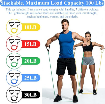 10 Pcs Exercise Resistance Bands with Handles, Exercise Stretch Bands, Physical Resistance Tube Workout Band with Door Anchor for Women Men Muscle Toning Strength Training Physical Therapy Work
