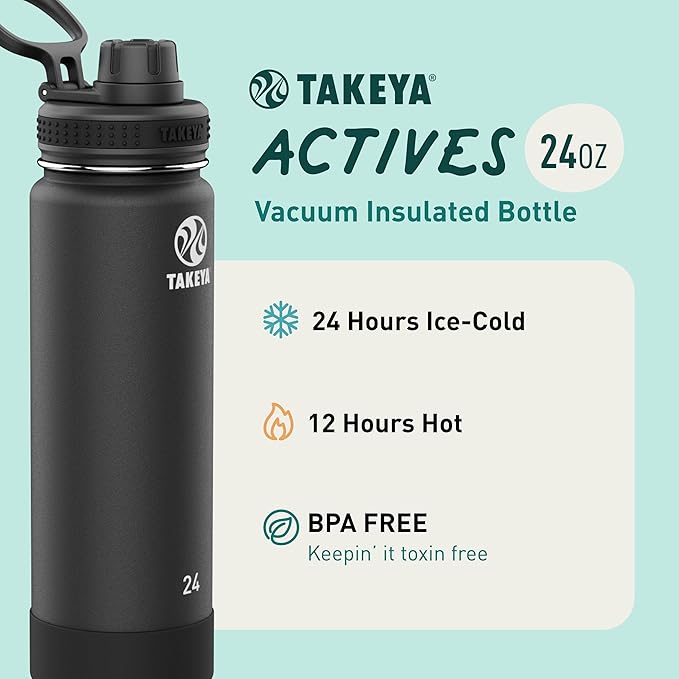 Takeya Actives Stainless Steel Water Bottle, Insulated Spout Lid, Keeps Drinks Cold 24 Hrs, Leakproof, Durable, Dishwasher Safe, Ideal for Gym, Travel, Fits Most Cup Holders, 24 oz/Onyx