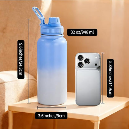 Motivational Water Bottle 32oz with Time Marker- Leakproof & BPA Free Sports Water Bottle with Straw & Carry Strap for Gym, Travel and Outdoor Sports (Stainless steel insulation-Blue)
