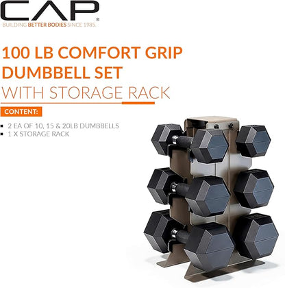 CAP Barbell Rubber Coated Hex Dumbbell Set with Vertical Rack | 100-300 lbs Free Weights Dumbbells Set for Home Gym | Multiple Options