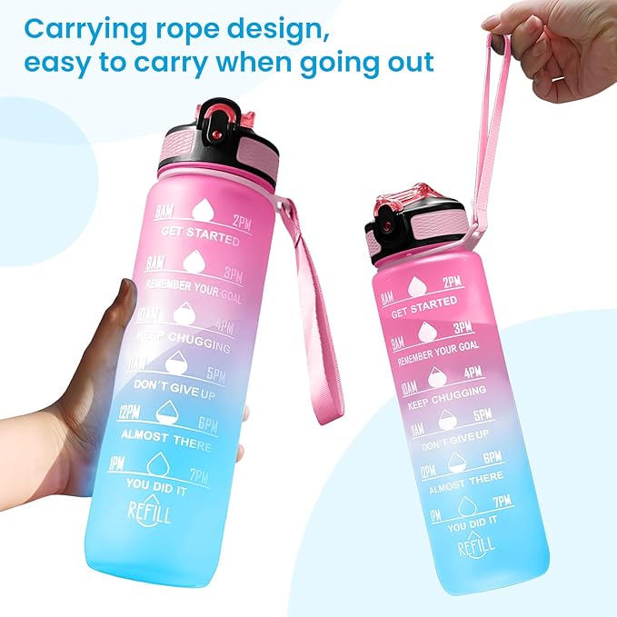 32 oz Water Bottles with Times to Drink and Straw, Motivational Water Bottle with Time Marker, Leakproof & BPA Free, Drinking Sports Water Bottle WIth Hand Strap for Fitness, Gym & Outdoor (pink-1)