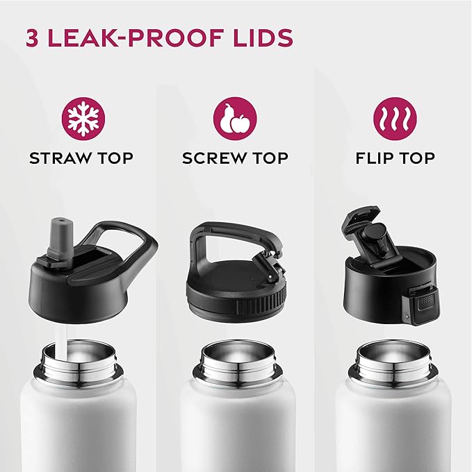 FineDine Water Bottle - Stainless Steel Insulated Water Bottle with Straw Lid, Flip Lid & Wide-Mouth Cap - Keeps Hot and Cold - 40 Oz / 1.18L - Dreamy Black-White