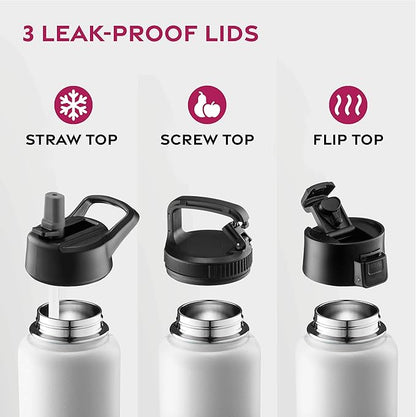 FineDine Water Bottle - Stainless Steel Insulated Water Bottle with Straw Lid, Flip Lid & Wide-Mouth Cap - Keeps Hot and Cold - 40 Oz / 1.18L - Dreamy Black-White