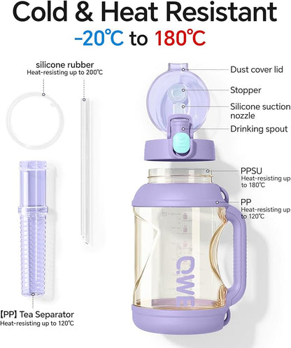 QWE Gym Large Water Bottle for women with lids and Straws&Handle,54oz,Heat-resisting,Reusable,PPSU BPA Free, Plastic Water Bottle Double drinking,leak proof, for Travel,Sport,Outdoors,camping(Purple)