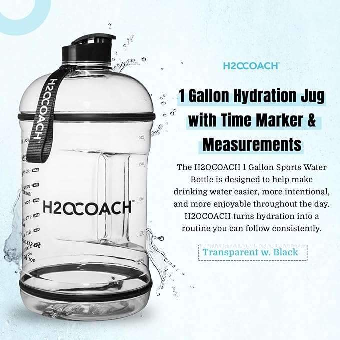 H2OCOACH 1 Gallon Hydration Jug with Time Marker & Measurements, BPA-Free Tritan Sports Drink Container, Motivational Daily Intake Tracker for Gym, Workout, & Fitness Routines (128 oz)