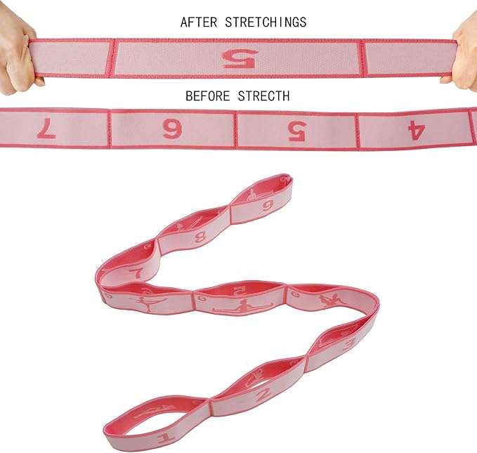 Elastic Yoga Stretching Strap with 9 Loops Pattern Guide, Stretch Straps for Pilates, Dance, Gymnastics Physical Therapy, Multi-Loop Adjustable Exercise Bands