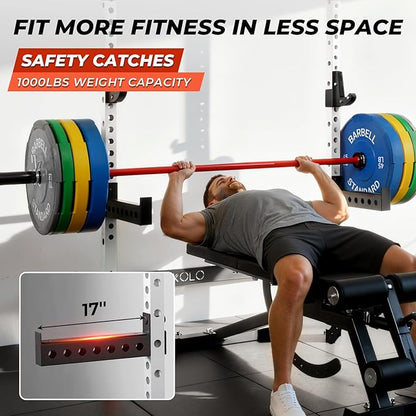 Mikolo 2" x 2" Folding Wall Mounted Squat Rack, 1000 Pounds Capacity Power Rack with Pull Up Bar, J Hooks and Other Attachments, Space-Saving Home Gym