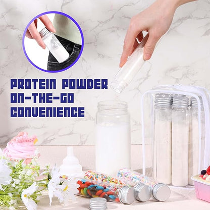 33 Pcs Protein Powder Travel Container Set 21 Pcs 90ml Reusable Powder Supplement Plastic Tubes and Portable Travel Organizer Zip Up Bags Funnels Spoons and Labels for Workout, Fitness