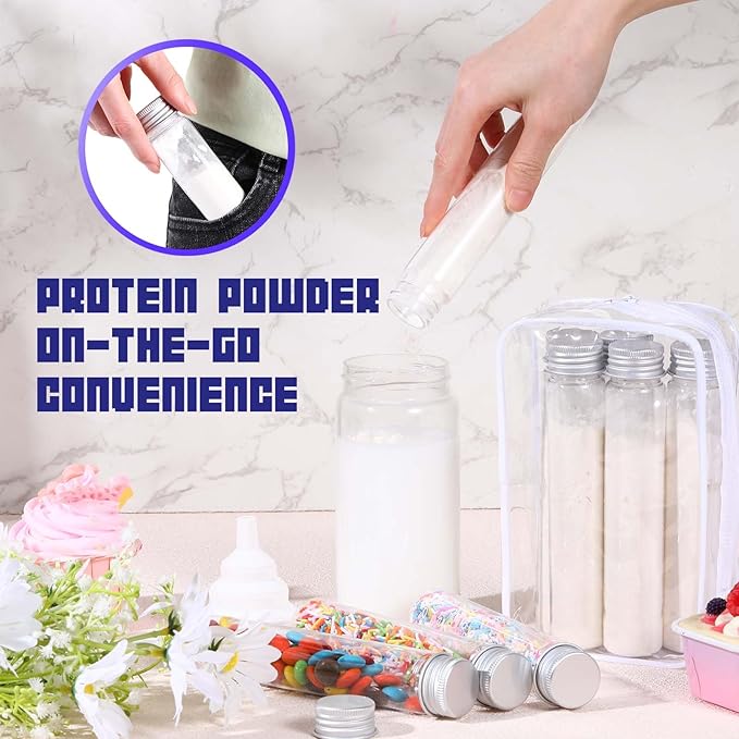 33 Pcs Protein Powder Travel Container Set 21 Pcs 125ml Reusable Powder Supplement Plastic Tubes and Portable Travel Organizer Zip Up Bags Funnels Spoon and Labels for Workout Fitness