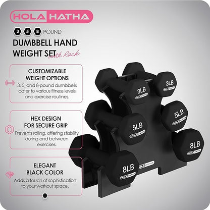 HolaHatha 2, 3, 5, 8, and 10 Pound Neoprene Dumbbell Free Hand Weight Set with Rack, Ideal for Home Exercises to Gain Tone and Definition, Pastel