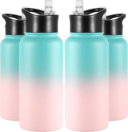 VEGOND 32 oz Insulated Water Bottle Bulk Stainless Steel Metal Water Bottles with Leak Proof Straw Lid & Spout Lid, Wide Mouth Double Walled Vacuum Travel Sports Bottle, 4 Pack