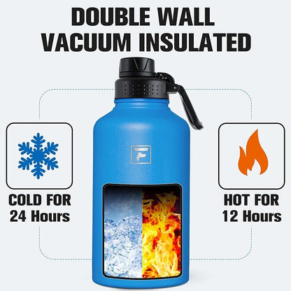 Fanhaw 64 oz Insulated Water Bottle – Large Stainless Steel Jug with 3 Lids (Straw, Spout, Carabiner) | Heavy-Duty, for Camping, Backpacking, Long Hikes & Outdoor Work (Sky Blue)