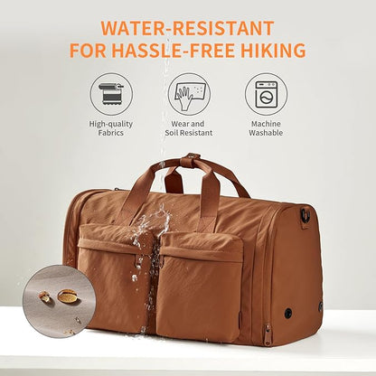 Aji Foldable Gym Bag for Women Men with Shoes Compartment, 3 in 1 Carry on Travel Duffel Bag with Trolley Sleeve, Lightweight&Water Resistant Duffel Bag for Travel, Sports, Fitness&Workout,Warm Brown
