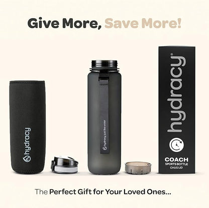 Hydracy Water Bottle with Time Marker -Large BPA Free Water Bottle & No Sweat Sleeve -Leak Proof Gym Bottle with Fruit Infuser Strainer & Times to Drink -Ideal for Fitness Sports & Outdoors