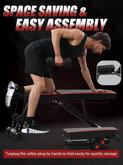 Yoleo Adjustable Weight Bench - Utility Weight Benches for Full Body Workout, Foldable Flat/Incline/Decline FID Bench Press for Home Gym