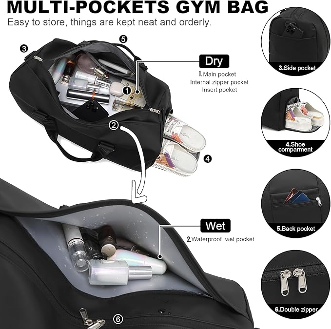 NOL Waterproof Gym Duffle Bag for Men & Women with Shoe & Wet Compartments, Multiple Pockets | Adjustable Shoulder Strap for Sports, Travel, Fitness, Workout & Hospital Use, Black