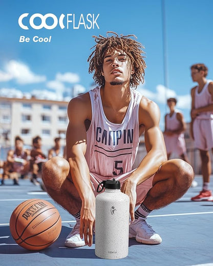 Coolflask 128 oz Gallon Water Bottle Insulated with Straw&3 Lids, Water Jug Large Stainless Steel Metal Vacuum Wide Mouth for Sports, Gym or Office, Non-BPA Keep Cold 48H Hot 24H, Arctic White