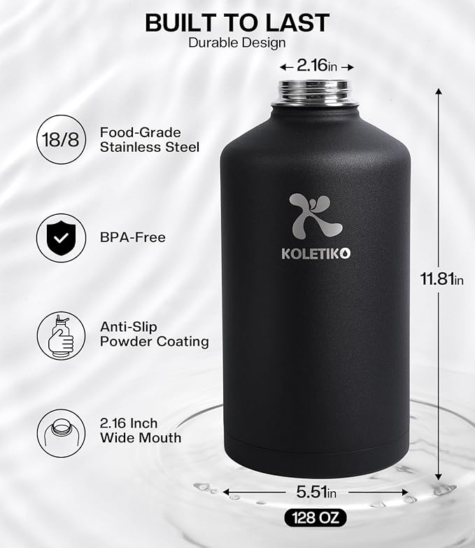 1 Gallon Water Bottle Insulated(COLD for 36 Hrs), Non-BPA & Leak Proof, 128 oz Sports Stainless Steel Water Jug Large with Paracord Handle, Straw & Spout Lid, Magic Black