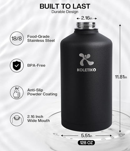 1 Gallon Water Bottle Insulated(COLD for 36 Hrs), Non-BPA & Leak Proof, 128 oz Sports Stainless Steel Water Jug Large with Paracord Handle, Straw & Spout Lid, Magic Black