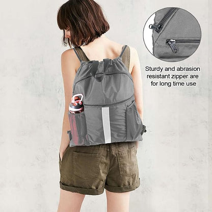BeeGreen Drawstring Backpack Bag with Shoe Compartment, X-Large Black Gym Sports String Cinch Backpack