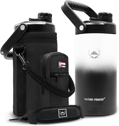 NATURE PIONEOR 64 oz Insulated Water Bottle - Double Vacuum Stainless Steel Half Gallon Water Jug with Holder/Carrier, Wide Mouth, Outdoor Sports, Hiking, Camping, Gym