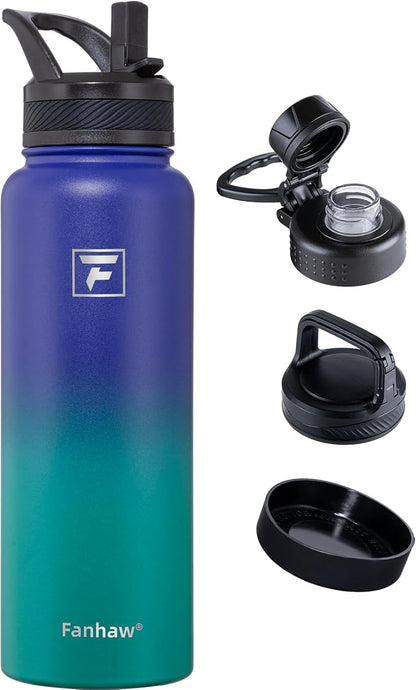 Fanhaw 40 oz Insulated Water Bottle – Stainless Steel Flask with 3 Lids (Straw, Spout, Carabiner) | Durable, Leakproof, for Hiking, Camping, Outdoor Adventures & Travel (Purple Green)
