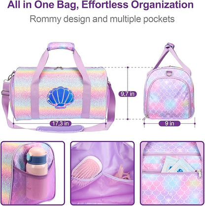 Bagseri Dance Bag for Girls - Kids Duffle with Shoe Compartment, Gymnastics Tote for Sleepover Travel with Water Resistant Wet Pocket (Glitter Mermaid, Purple)