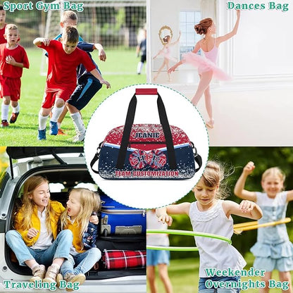 Personalized Cheer Gym Bags for Girls Kids Cheerleaders with Custom Name Sport Dance Perform Training Duffel Bags for Overnight Weekender Travel Red Blue