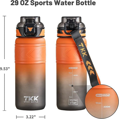 TKK Sports Water Bottles with Removable Straw 29 oz Leak-proof Flip Top Lid BPA Free Tritan Bottles with Strap for School, Fitness, Gym, Outdoor, Orange-Black