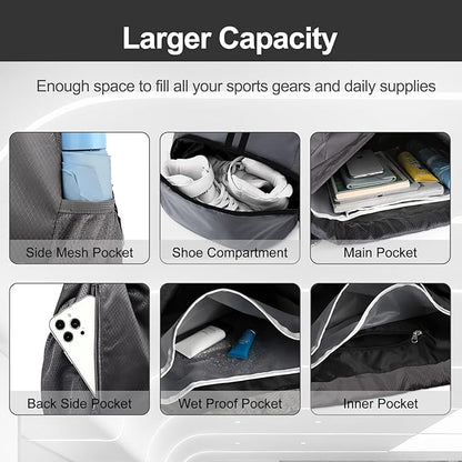 Hoedia Sports Drawstring Backpack - String Swim Gym Bag with Shoes Compartment and Wet Proof Pocket for Women/Men (Dark Grey)