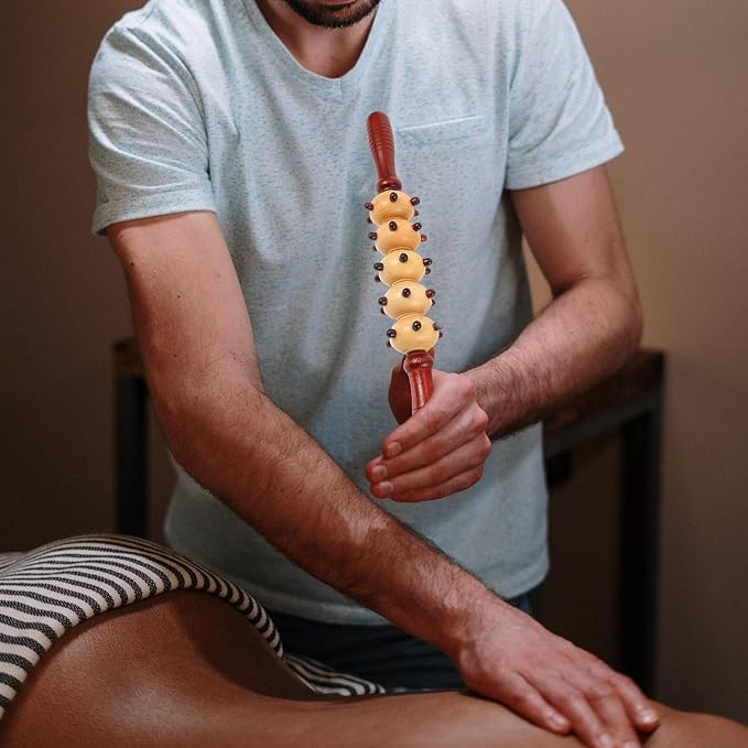 ibasenice Wooden Belly Roller Massager Spiked Five-roll Design, Portable Multipurpose Body Relaxing Fitness Roller for Muscle Massage and Pressure Point Therapy
