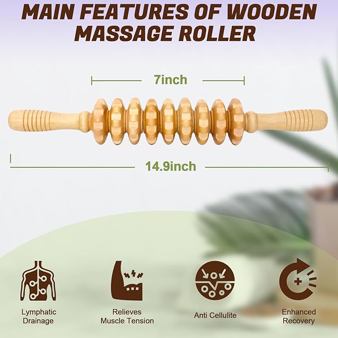 Wooden Fascia Massage Roller – Handheld Myofascial Release Massage Stick with Trigger-Point Knobs for Deep Tissue, Cellulite, Muscle Recovery & Circulation, Lymphatic Drainage Massager