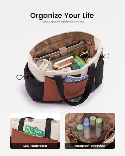 LOVEVOOK Gym Tote Bag for Women, Puffy Yoga Mat Bag with Large Cup Holder & Wet Pocket, Work Nurse Bag for Travel Workout