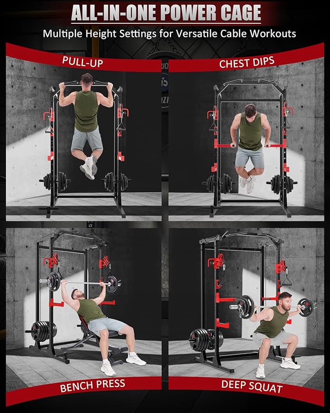 OPPSDECOR 2.0 PRO Power Cage Home Gym - 2000LBS Heavy Duty Power Rack with Independent Dual Pulley Cable Crossover System, Safety Bar, J-Hook, Pull-up Bar, Dip Station - 13.26 ft² Compact Squat Rack