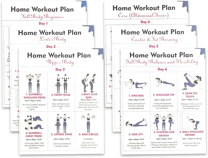 6-Pack Dumbbell Workout Posters for Beginners | Home Fitness Plan with Daily Exercise Routines for Weight Loss & Muscle Tone, Strength & Flexibility | Cycle Through Daily Guided Workouts | 8x10 Inch Charts (Deep Blue)