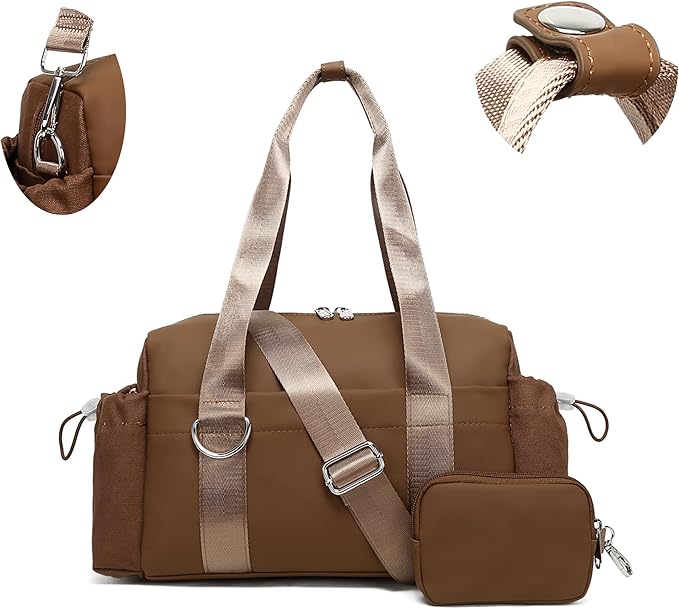 Everyday Mini Gym Bag for Women 2.0, Small Tote with Zipper Compartment Waterproof Travel Duffle Cute Handbag Workout Carry On with Removeable Shoulder Strap & Coin Wallet Easy to Clean - Brown