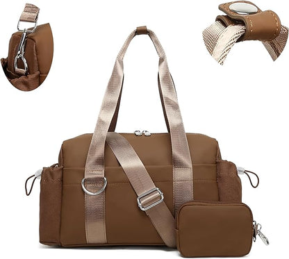 Everyday Mini Gym Bag for Women 2.0, Small Tote with Zipper Compartment Waterproof Travel Duffle Cute Handbag Workout Carry On with Removeable Shoulder Strap & Coin Wallet Easy to Clean - Brown